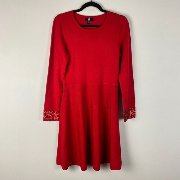 Jason Wu A-Line Knit Sweater Dress M Red Round Neck Long Sleeve Sequined Cuff - Picture 1 of 10